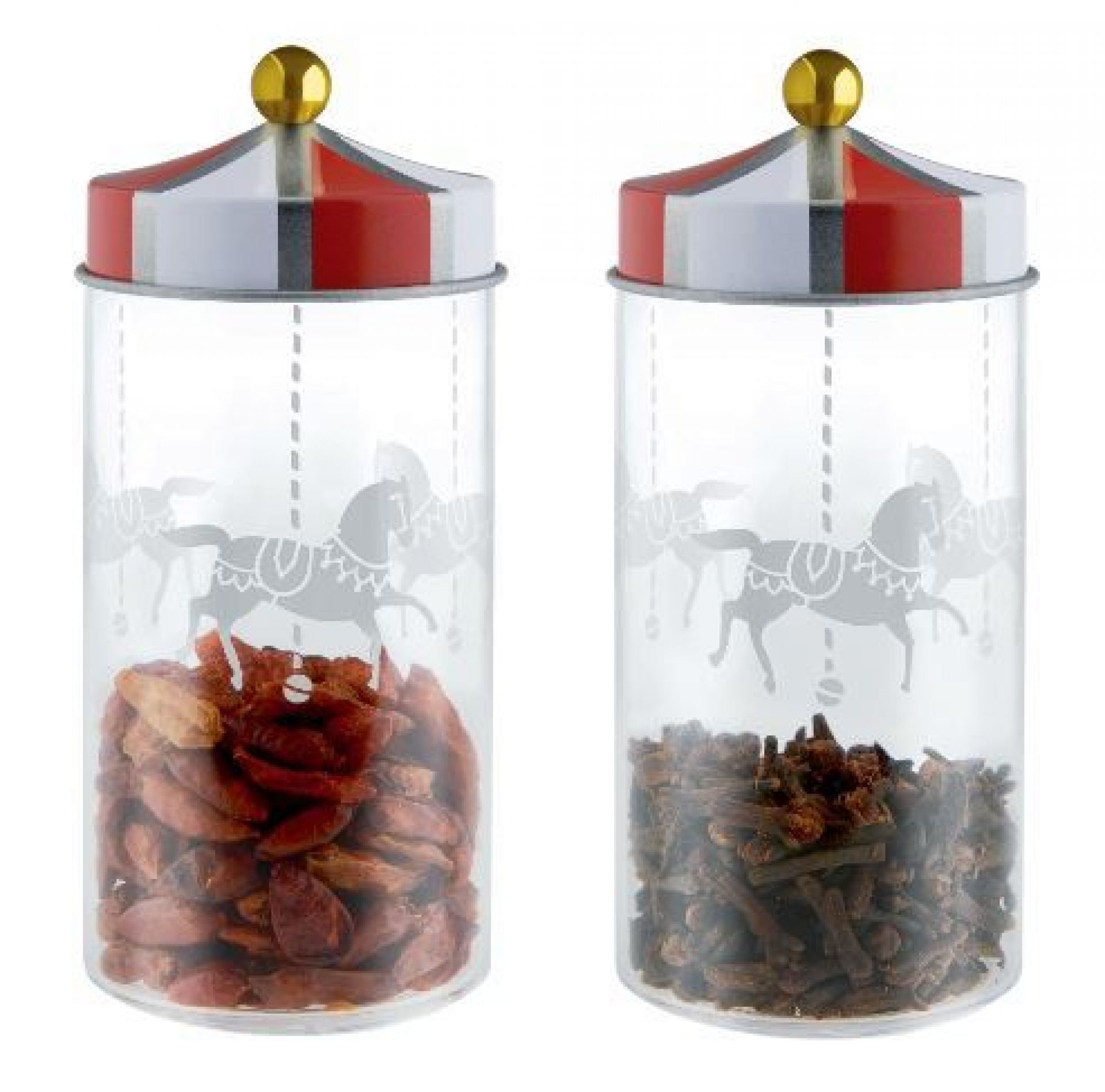 Alessi Circus Gewürzbehälter Set: Zwei Glasbehälter mit Karussell-Motiv und Gewürzen.