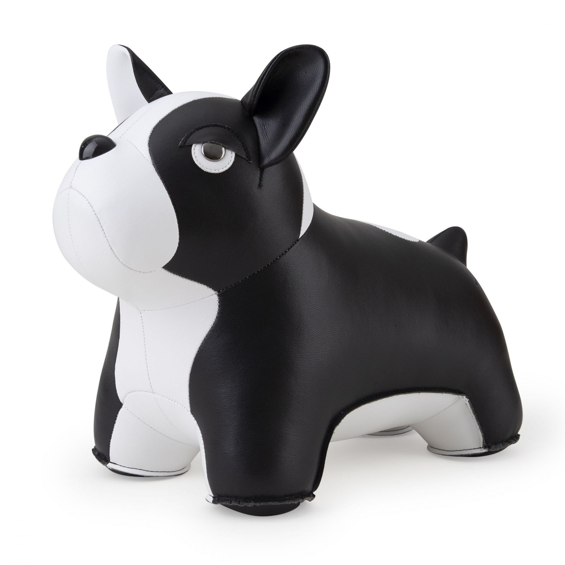 Türstopper Französische Bulldogge von Züny, aus Kunstleder in Schwarz und Weiß, stehend auf weißem Hintergrund.