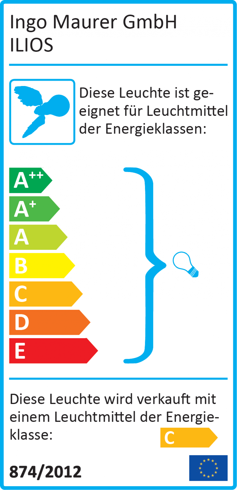Energieeffizienzlabel der Ingo Maurer ILIOS Stehleuchte. Energieklasse C. Geeignet für Leuchtmittel A++ bis E.