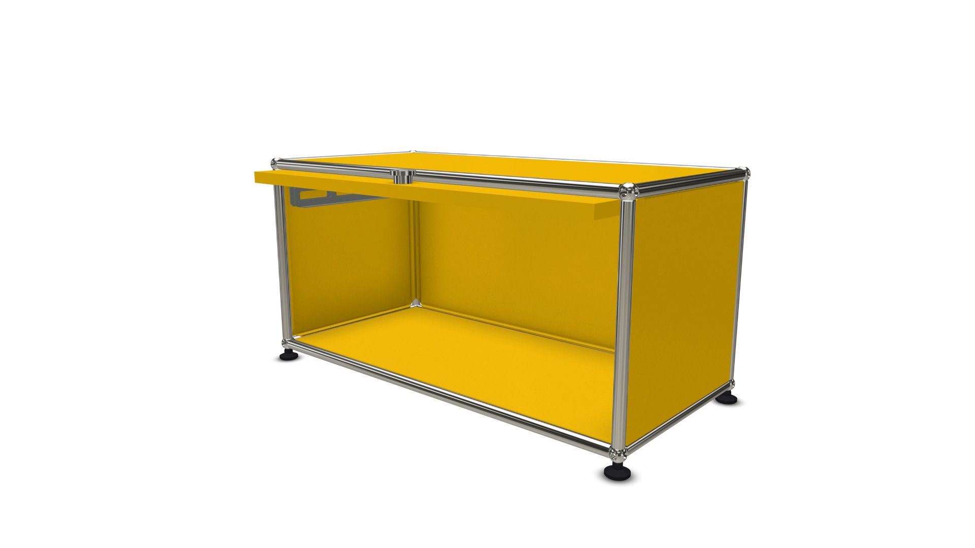 Gelbe USM Haller Einschubtür als Ersatzteil für Möbelbausysteme, Detailansicht der Türöffnung und Konstruktion.