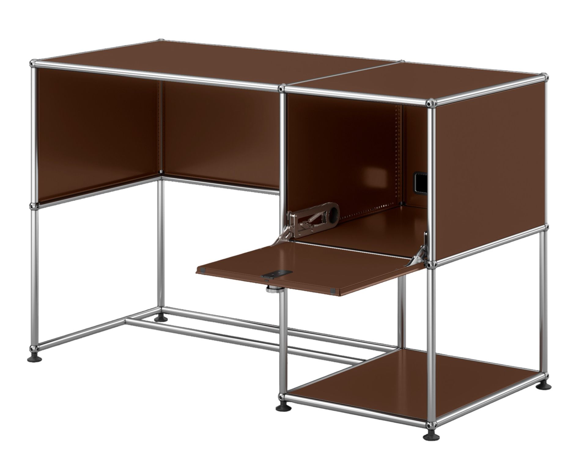 USM Haller Schreibtisch in Braun mit Ausziehtablar und verchromtem Gestell, modernes modulares Design für Büro und Zuhause.