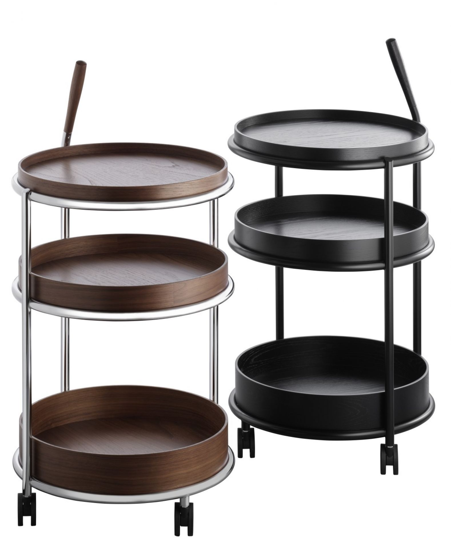 K6 Trolley Servierwagen: Nussbaum und schwarz lackiertes Stahlrohr, dreistöckig, modernes Design für Küche und Wohnbereich.