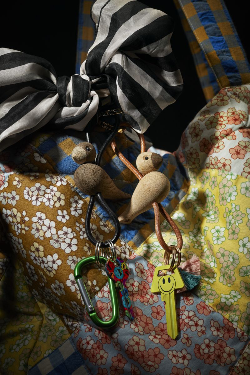 Vogel Eiche silberfarbenes Metall Schlusselanhänger mit Schwarzem leder Kay Bojesen 