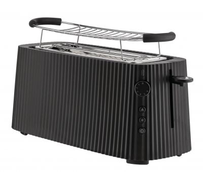 Schwarzer Alessi Plissé Toaster XXL mit Brötchenaufsatz, Rillenmuster und Drehregler für die Bräunungsstufe.