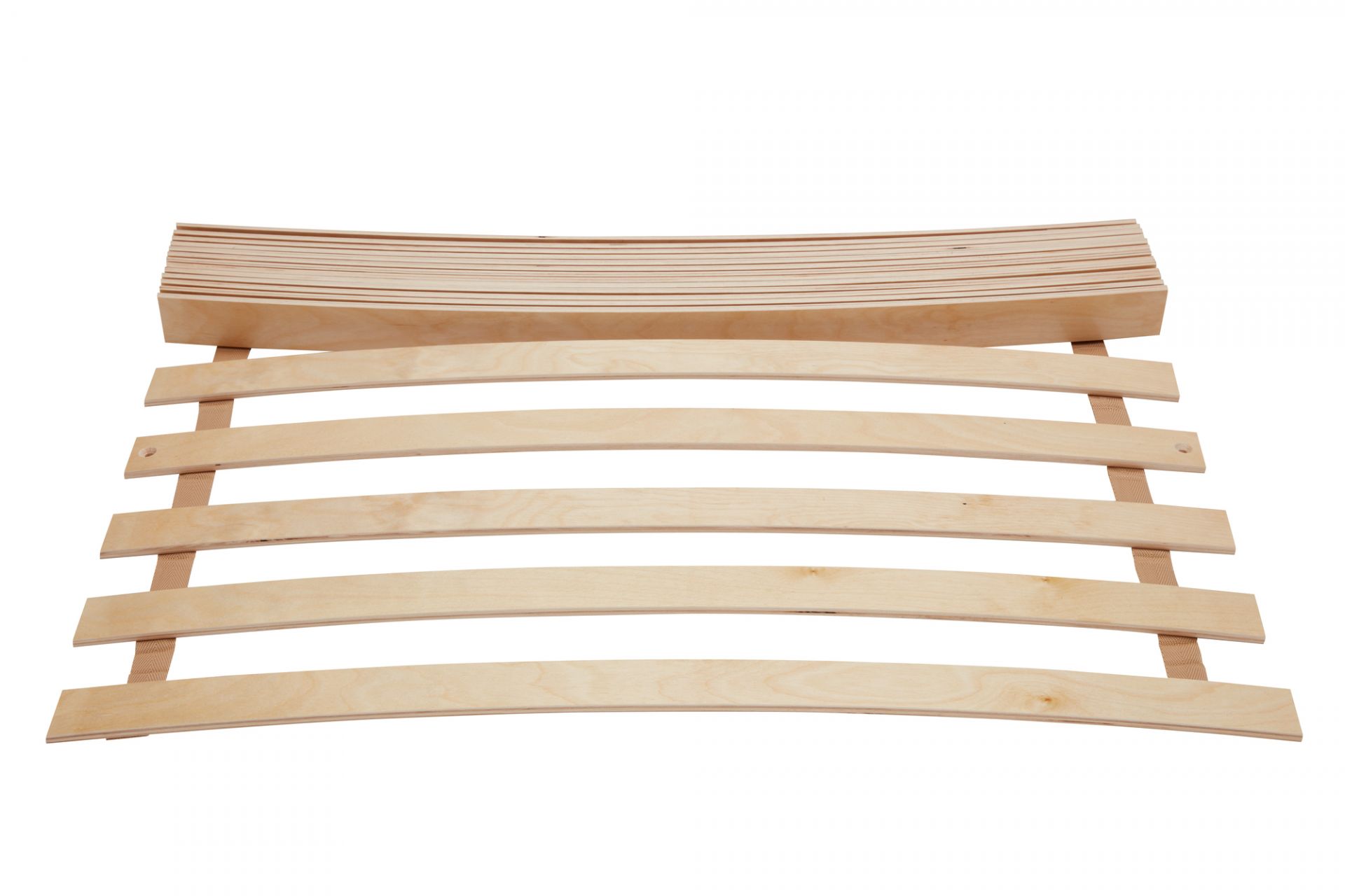 Lattenrost Rollrost für Stapelliege, 190x90 cm, aus hellem Holz, gerollt und unmontiert.