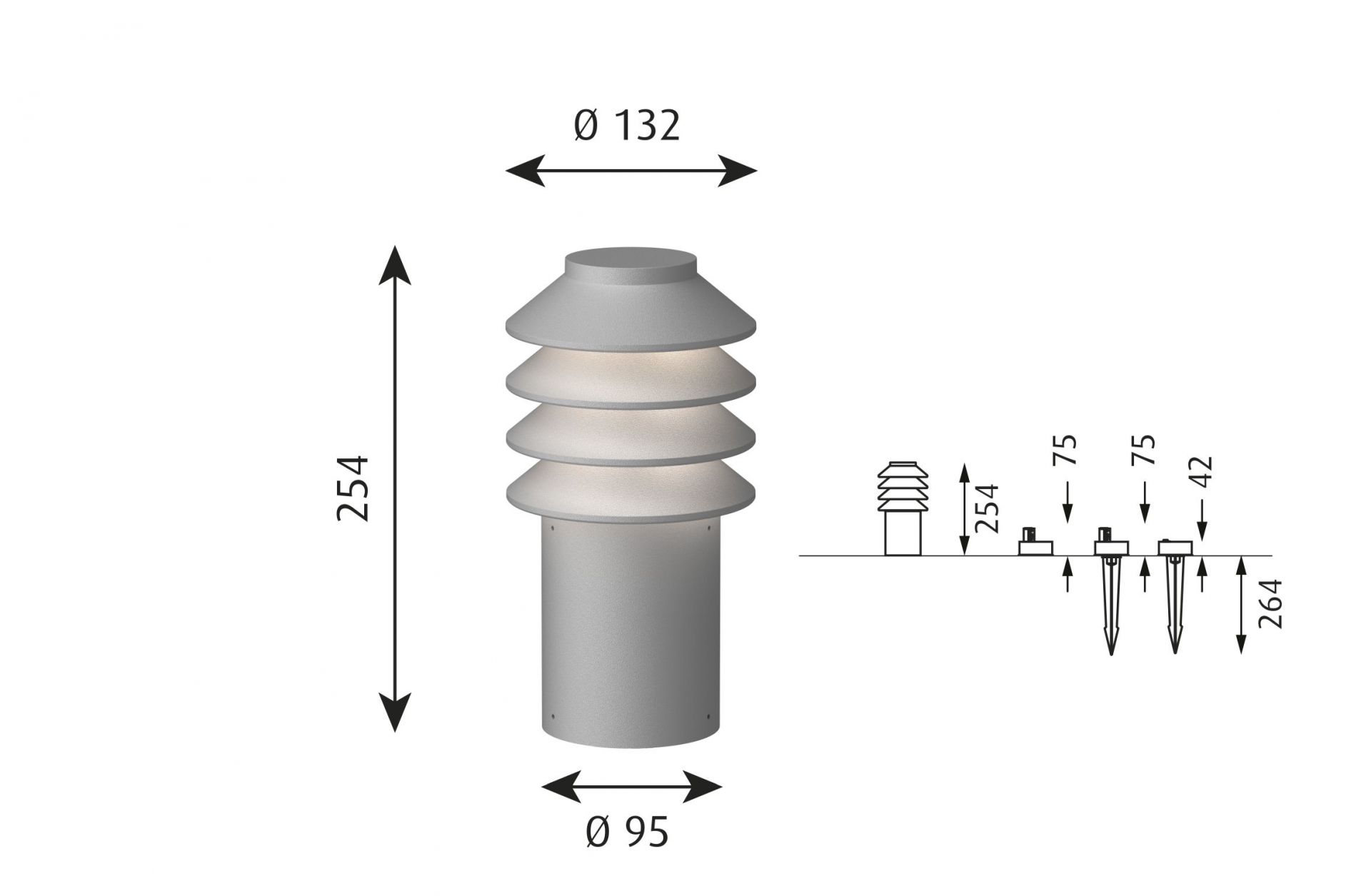 Technische Zeichnung der Louis Poulsen Bysted Garden Pollerleuchte für den Außenbereich mit Maßangaben.