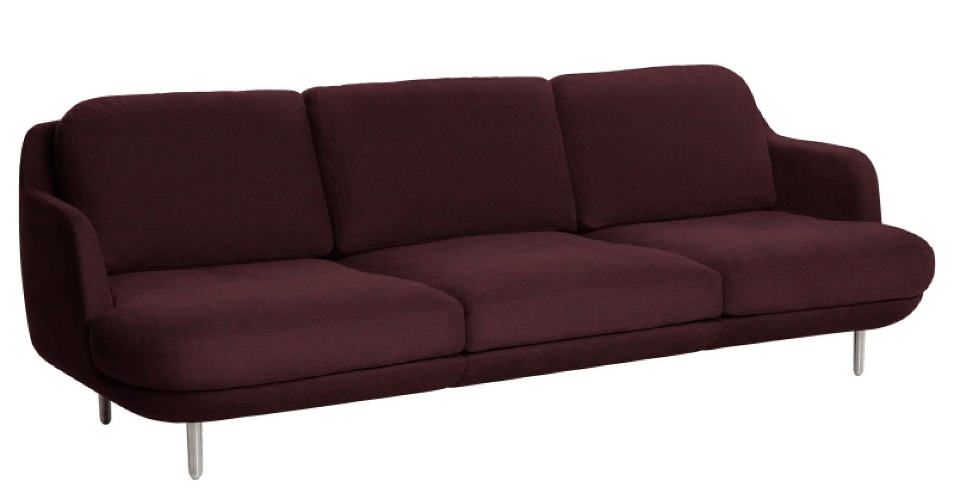 Lune Sofa: Fritz Hansen 3-Sitzer Sofa in Pflaume mit schlanken Metallbeinen, modernes Design.