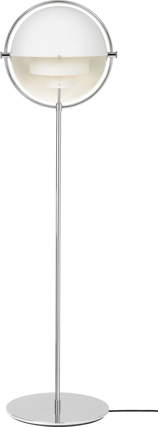 Gubi Multi-Lite Stehleuchte in Chrom mit weißem Lampenschirm, modernes Design für Wohnzimmer.