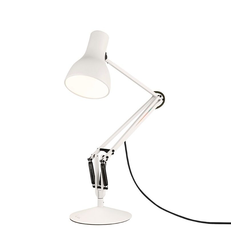 Weiße Anglepoise Type 75 Schreibtischleuchte, modernes Design mit verstellbarem Arm und Lampenschirm für optimale Beleuchtung.