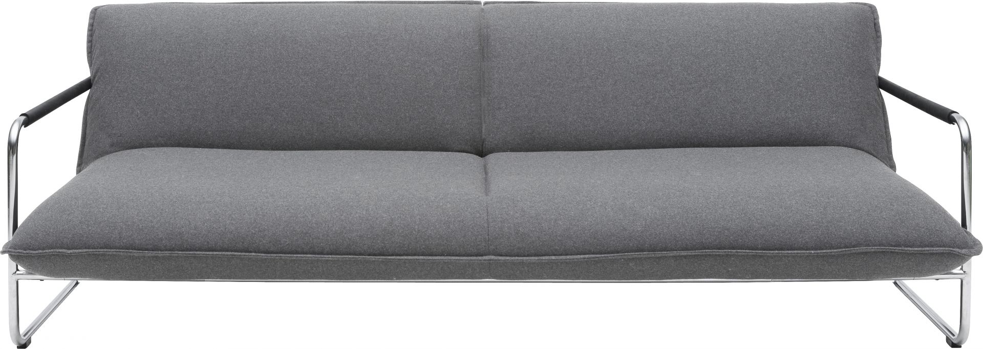 Graues Nova Schlafsofa Softline mit Chromgestell und schwarzen Armlehnen, ideal als Gästebett.