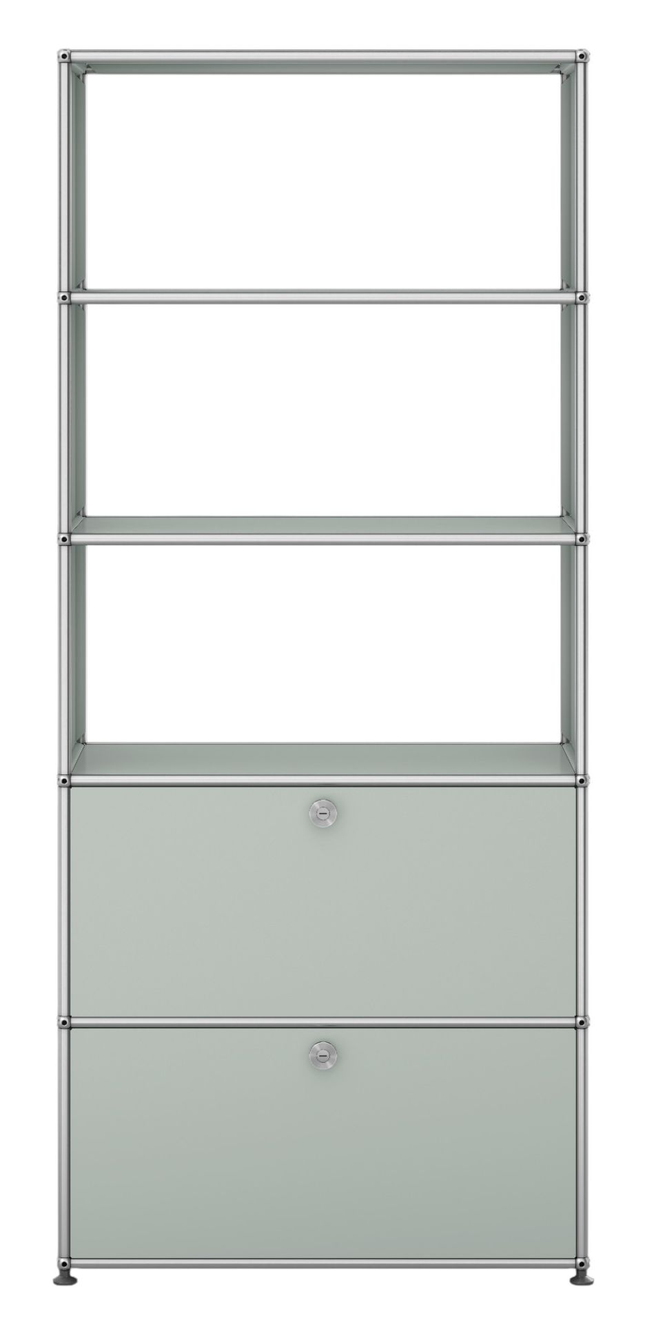 USM Haller Regal in Lichtgrau mit zwei abschließbaren Klappen und offenen Regalfächern.