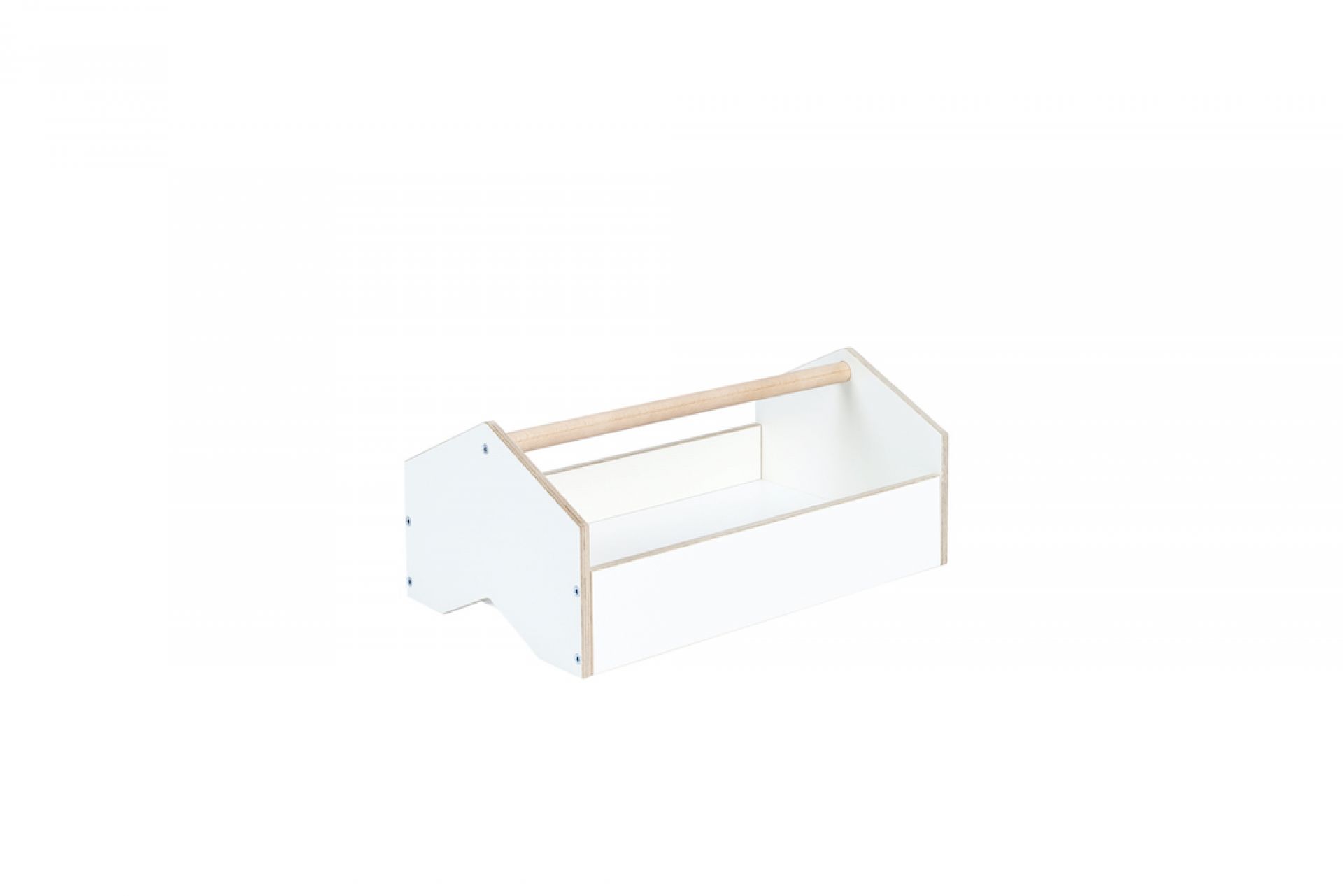 Tojo Kids Werkzeugkiste: Weiße Spielzeug Werkzeugkiste aus Holz mit Tragegriff für Kinder.