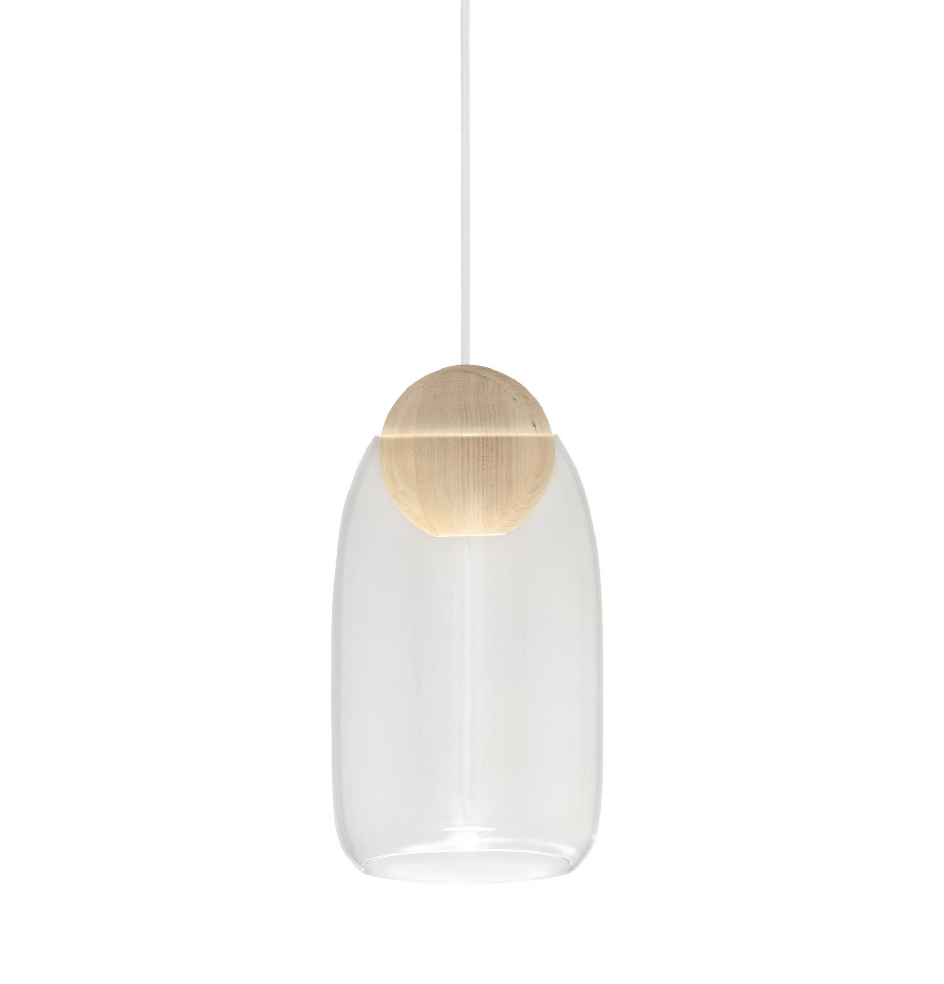 Liuku Glas Lampenschirm, transparent, mit Holzelement. Moderne Pendelleuchte für Wohnzimmer und Esszimmer.