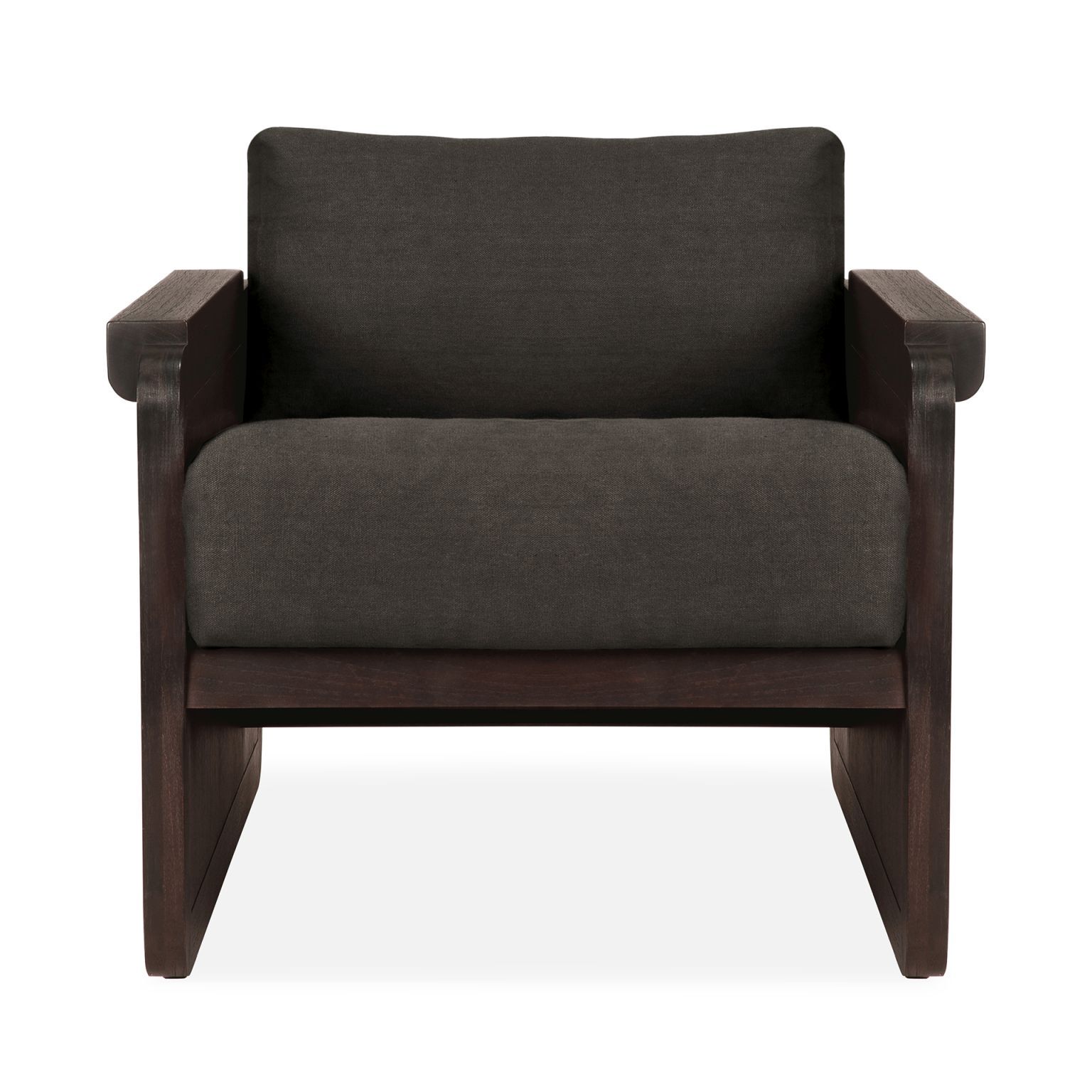 Ethnicraft Panel Lounge Sessel: Moderner Sessel mit dunklem Holzrahmen und grauen Polsterkissen.