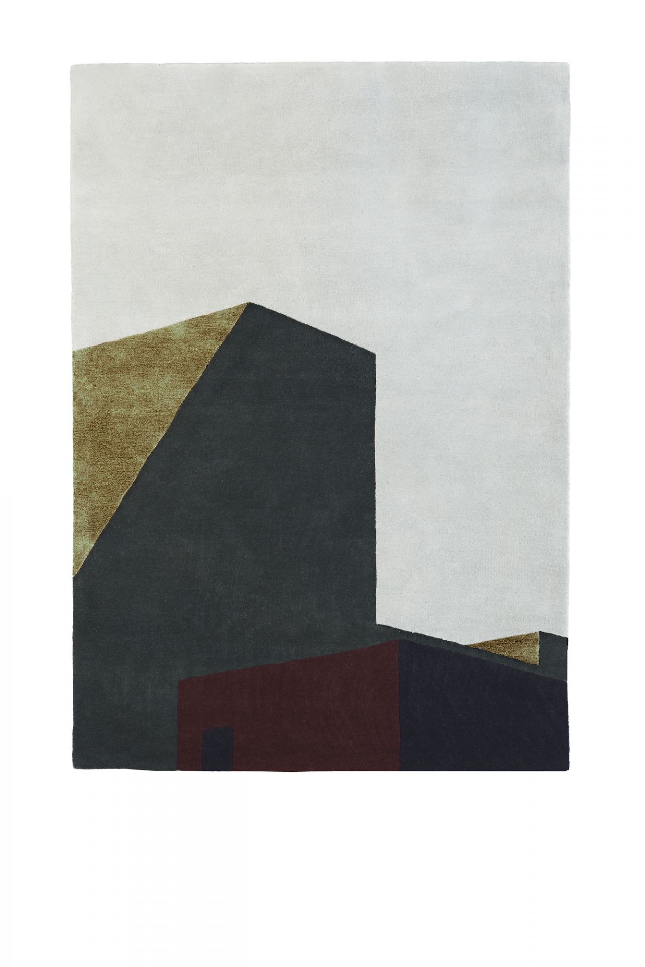 Arqui Teppich mit abstraktem Gebäude-Design in Grau, Braun und Rot. Moderner Teppich für Wohnräume.