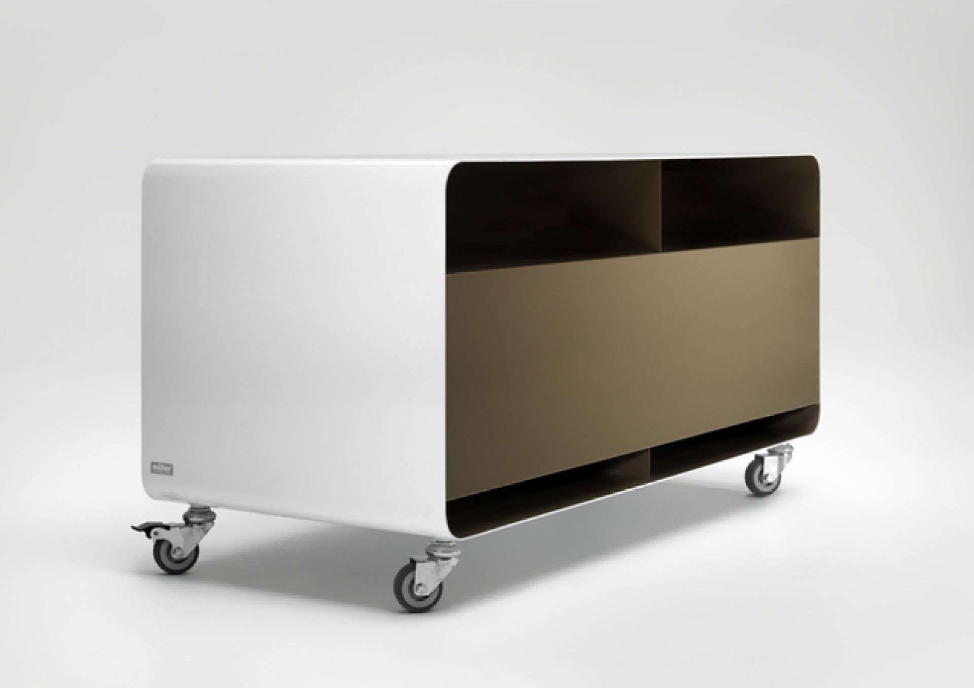 R 108N Sideboard von Müller Möbelfabrikation: Weißes, modernes Rollcontainer Sideboard mit braunen Fächern.