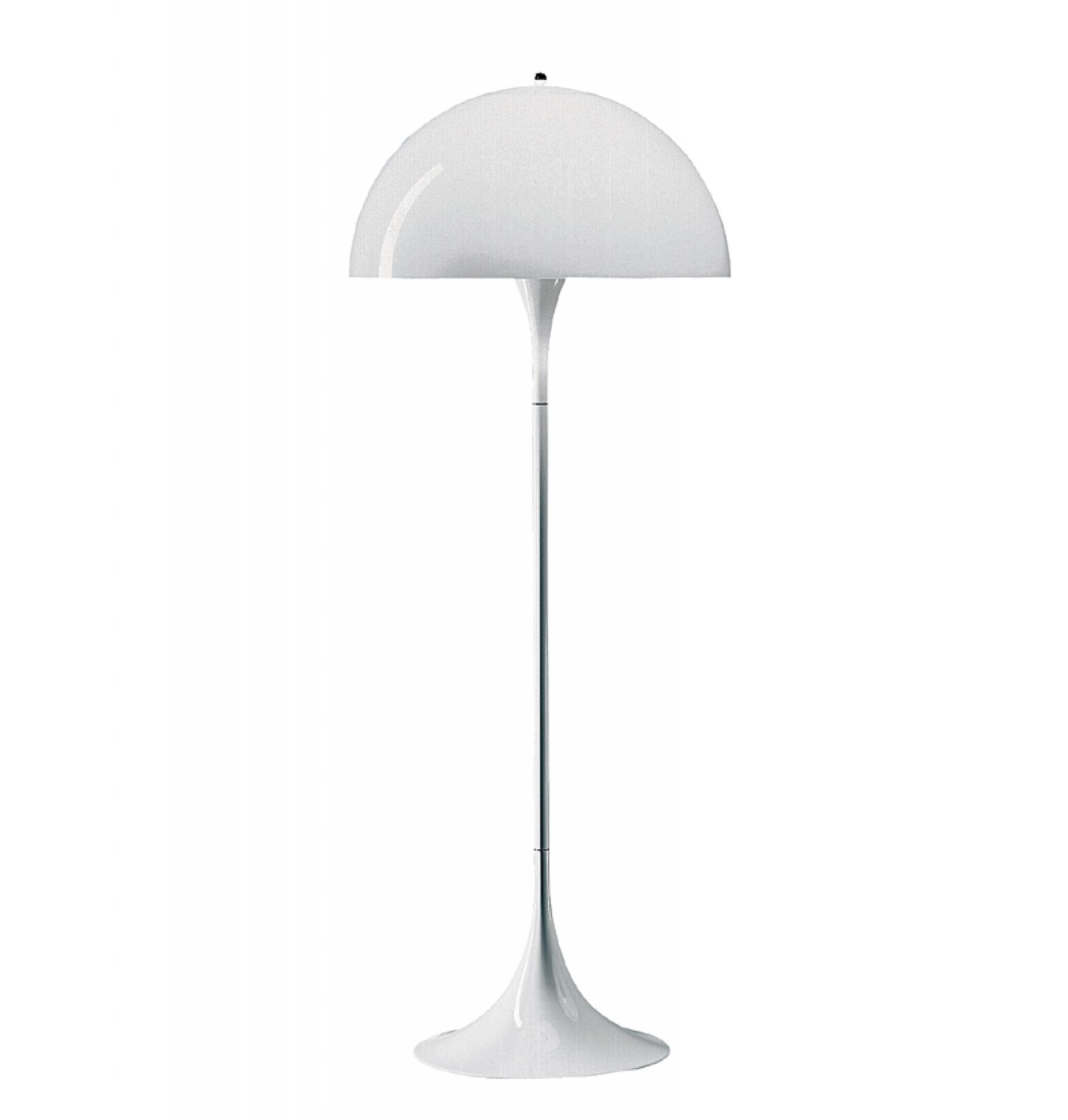Weiße Panthella Stehleuchte von Louis Poulsen mit halbrunden Lampenschirm für moderne Raumbeleuchtung.