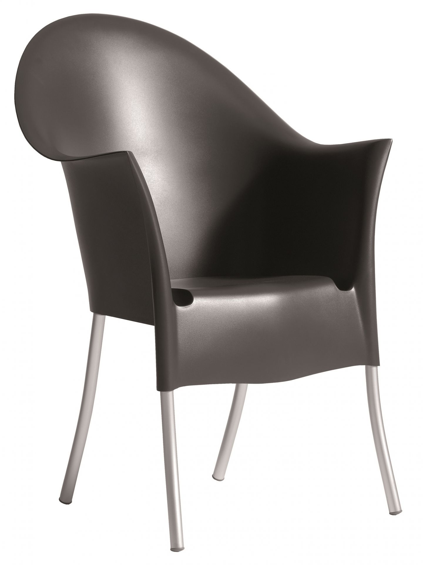 Schwarzer Lord Yo Armlehnstuhl von Driade mit geschwungener Sitzschale und silberfarbenen Beinen. Designstuhl für Wohnzimmer und Büro.