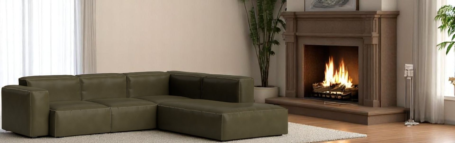 Mags Soft Sofa in Grün/Weiß mit beigen Ziernähten, modernes Ecksofa für Wohnzimmer.