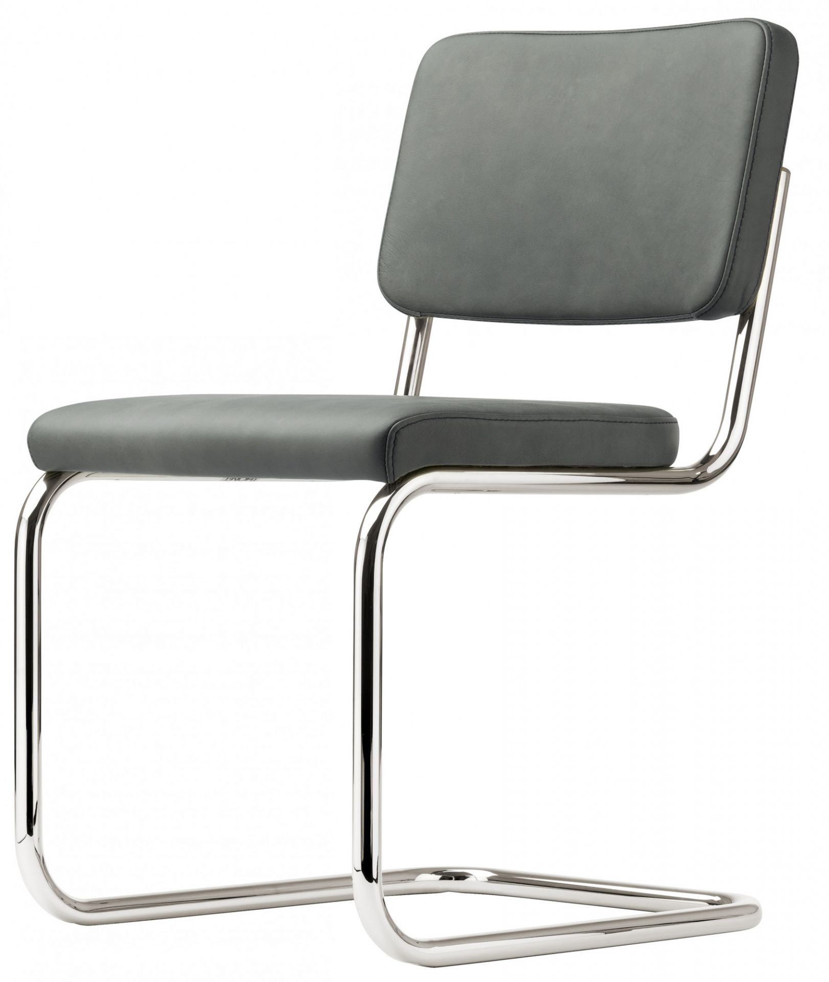 Bild eines grauen S 32 Freischwinger Stuhls von Thonet mit glänzendem Stahlrohrgestell.