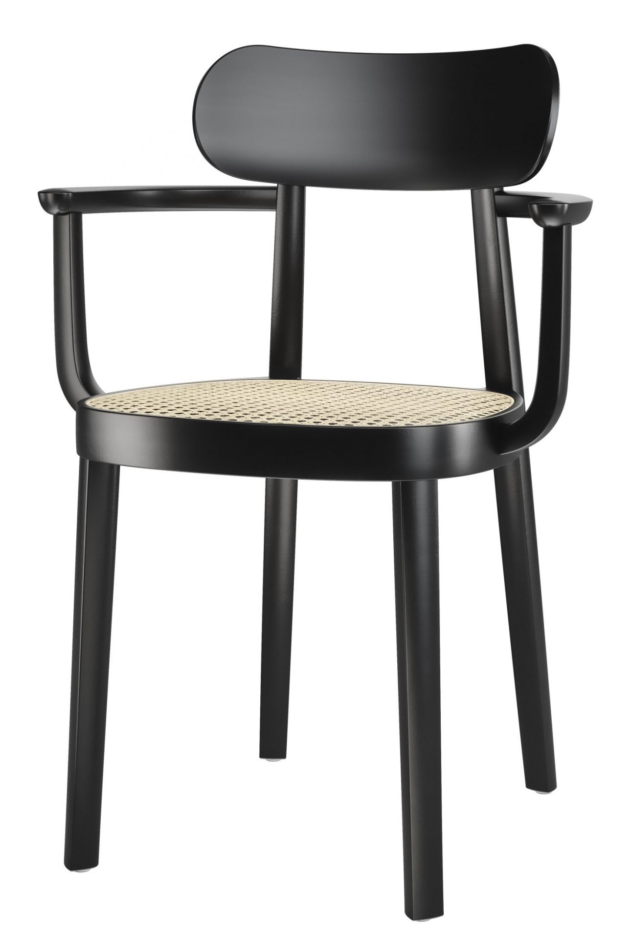 Schwarzer Holzstuhl mit Armlehnen und Wiener Geflecht Sitzfläche, Modell 118 F Thonet.