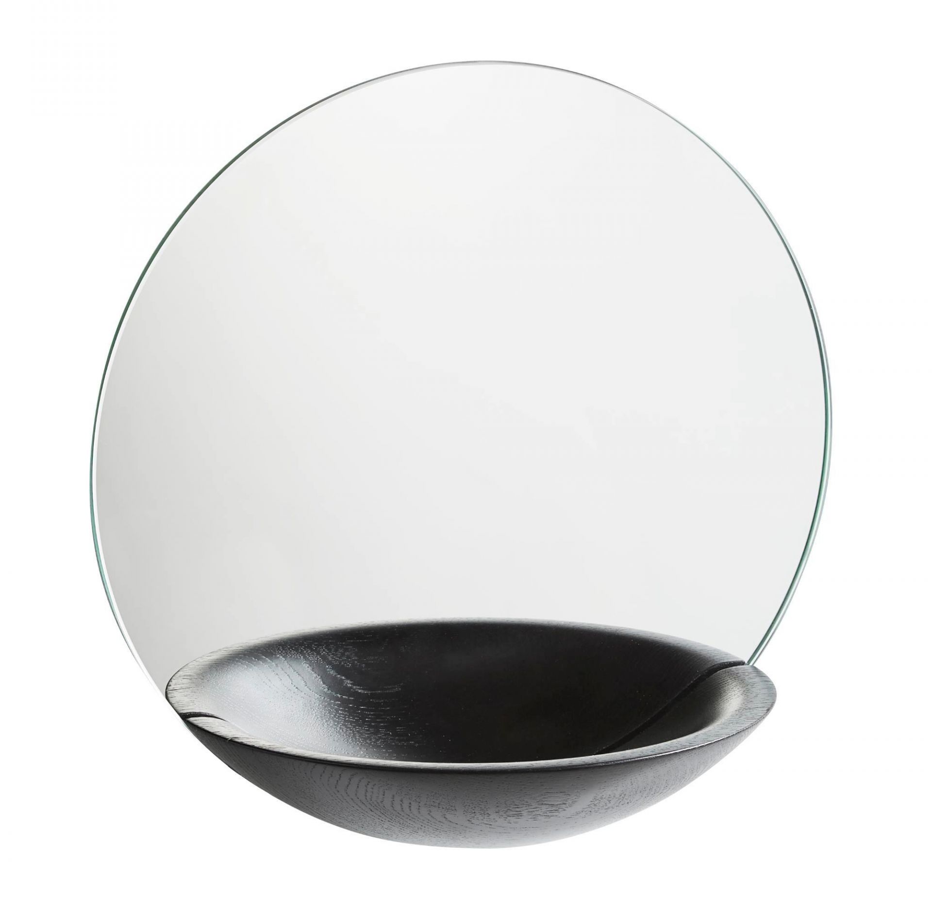 Pocket Mirror Wandspiegel: Großer, runder Spiegel mit schwarzer Holzschale als Ablage, modernes Design.