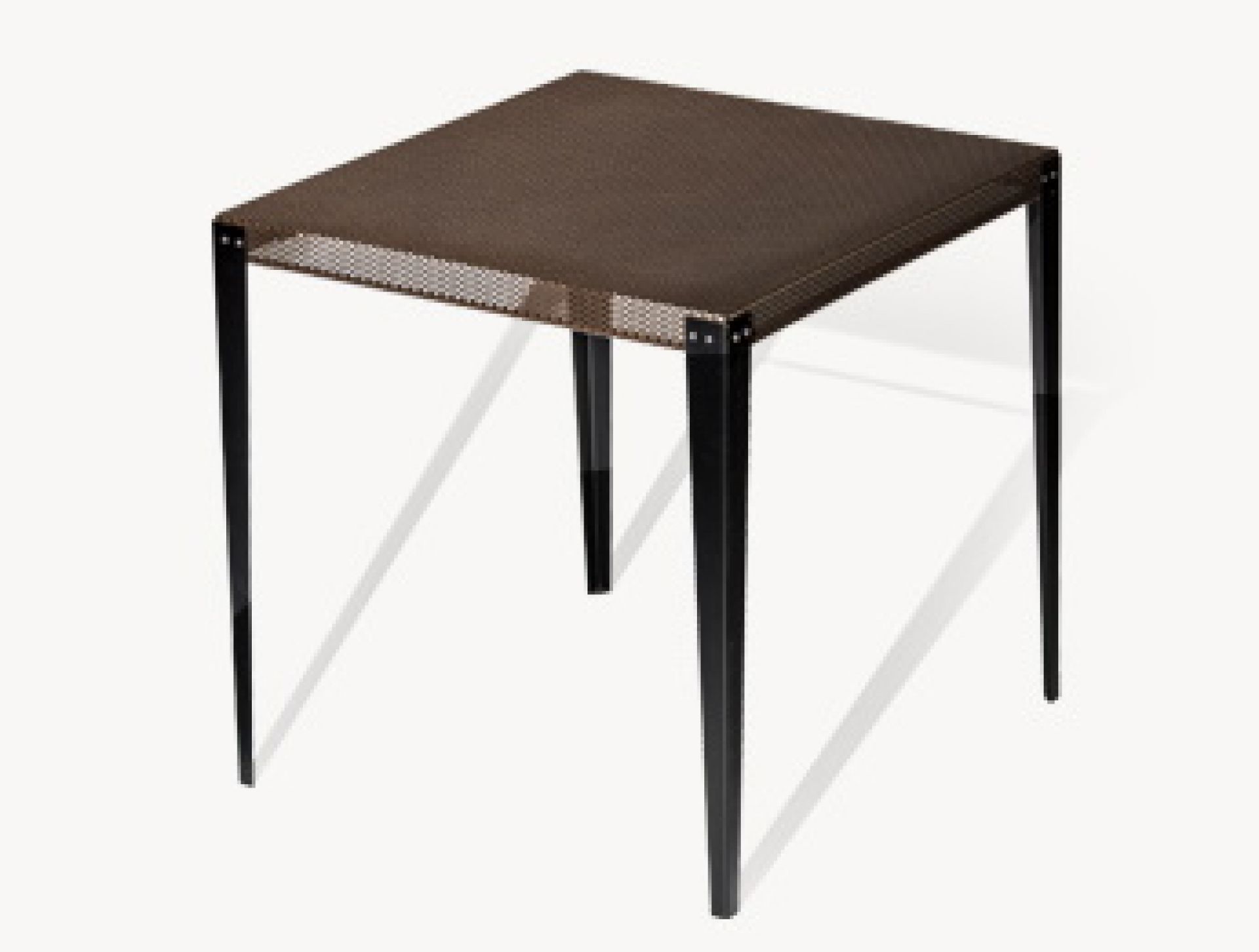 Quadratischer, brauner Design-Tisch mit schwarzem Metallgestell. Moderner Beistelltisch oder Esstisch, passend zum Moroso Diesel Stil.