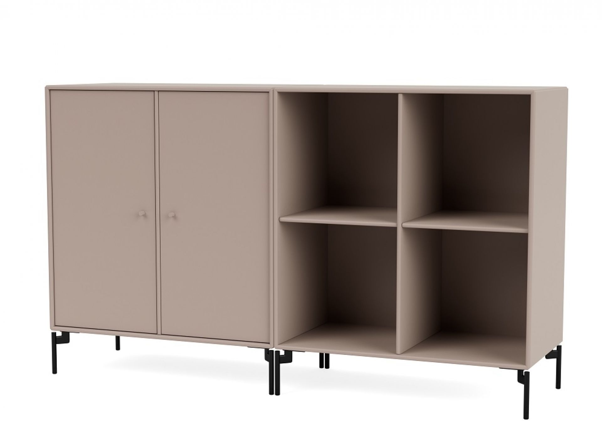 Montana Pair Sideboard in Mushroom mit schwarzen Beinen: Modernes Sideboard mit Türen und offenen Regalfächern.