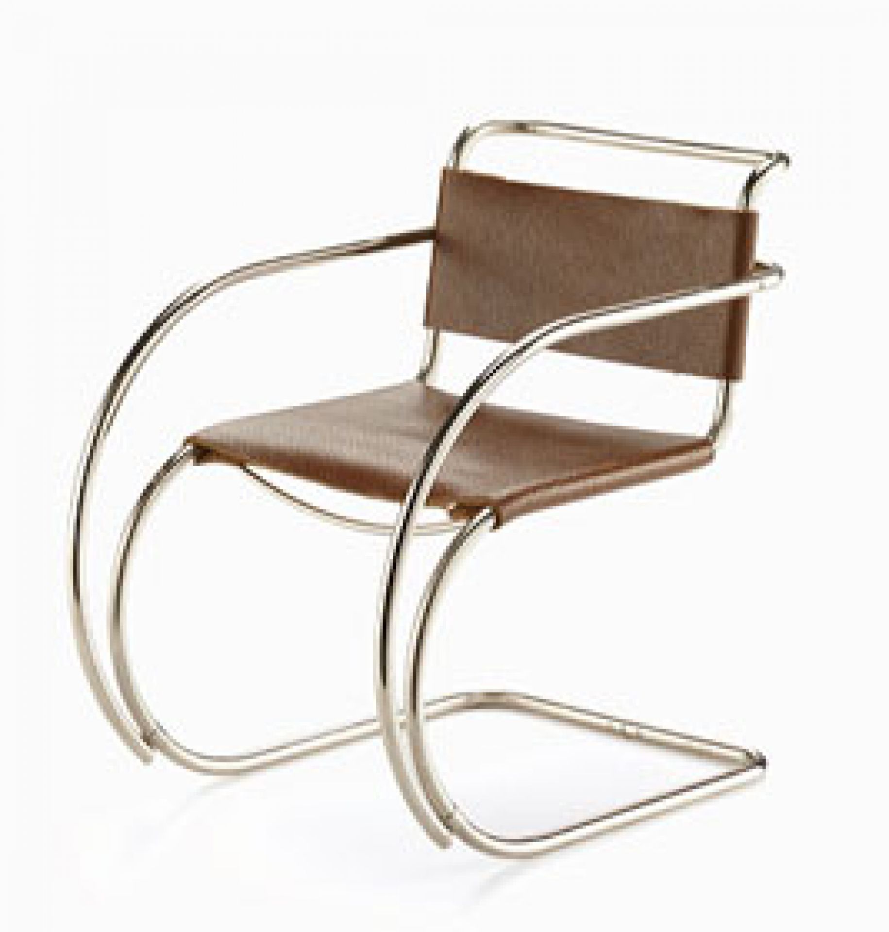 Miniatur MR 20 Lederstuhl von Vitra: Designklassiker mit braunem Leder und verchromtem Stahlrohr.