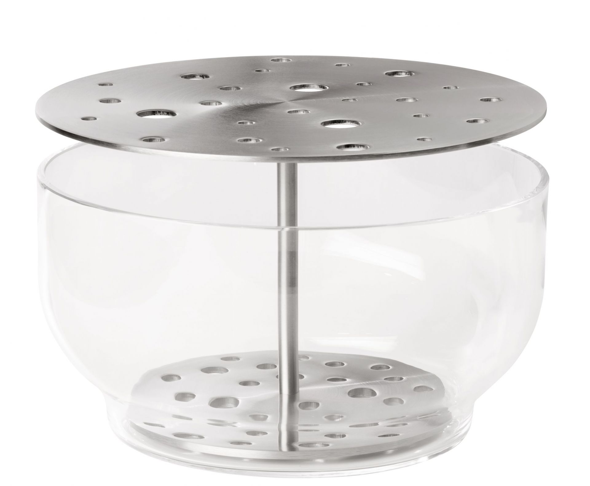 Große Ikebana Vase von Fritz Hansen aus Glas und Edelstahl mit Löchern.