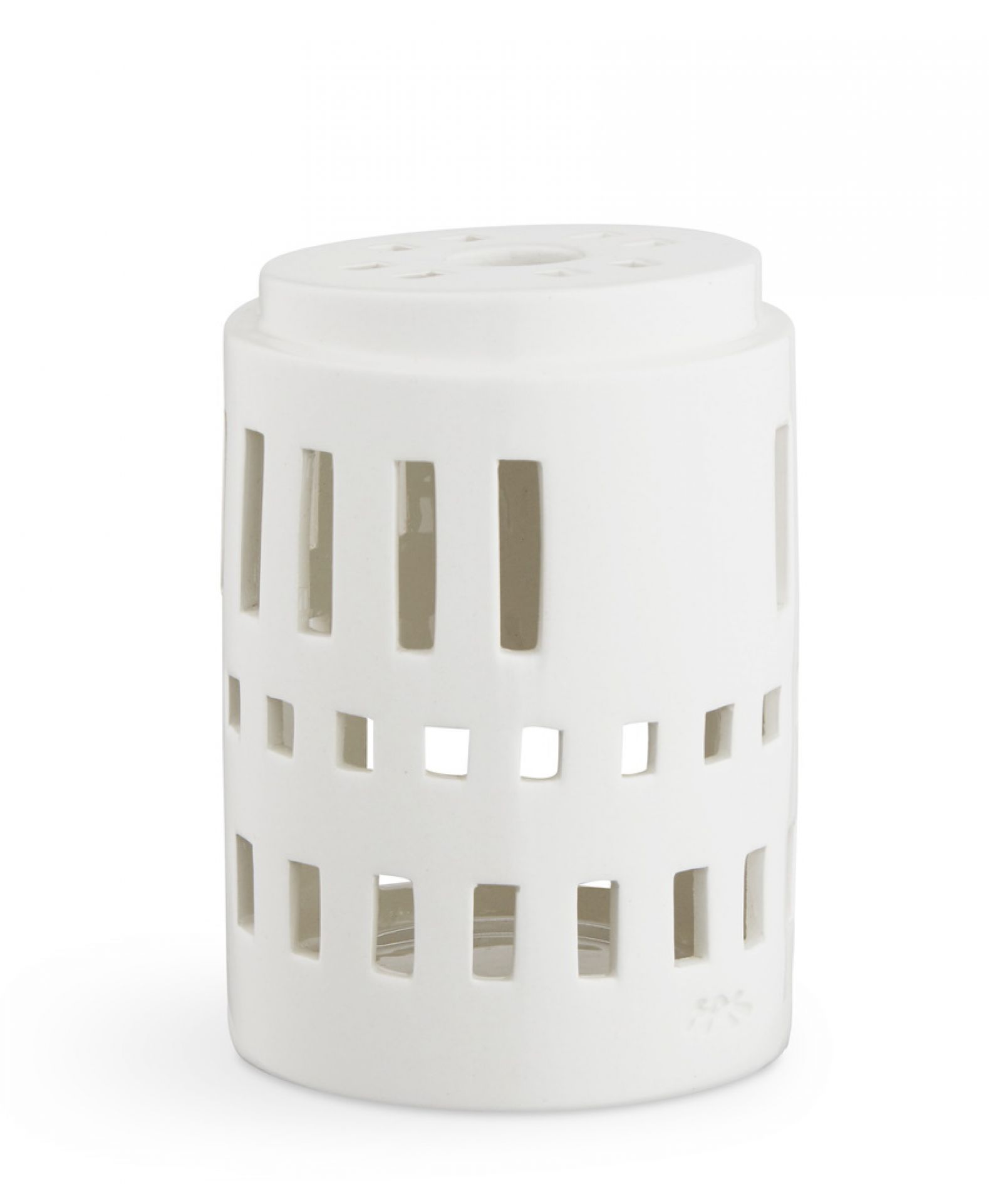 Urbania Lichthaus kleiner Turm von Kähler, weißes Keramik Windlicht mit Fensteröffnungen, 11,5 cm hoch.