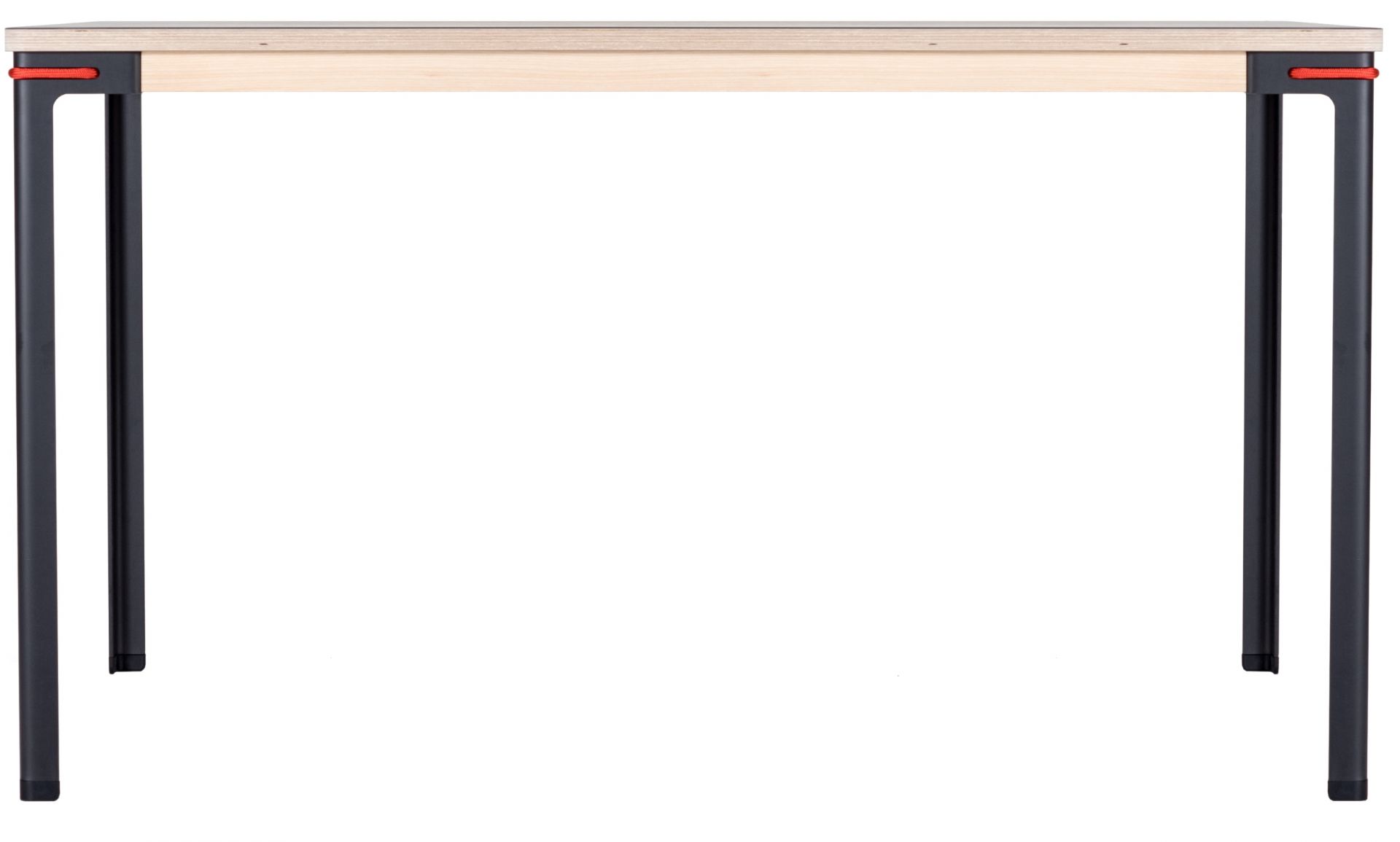 Seiltänzer Tisch von Moormann: Schreibtisch mit heller Holzplatte und schwarzen Beinen, verbunden durch rote Seile.