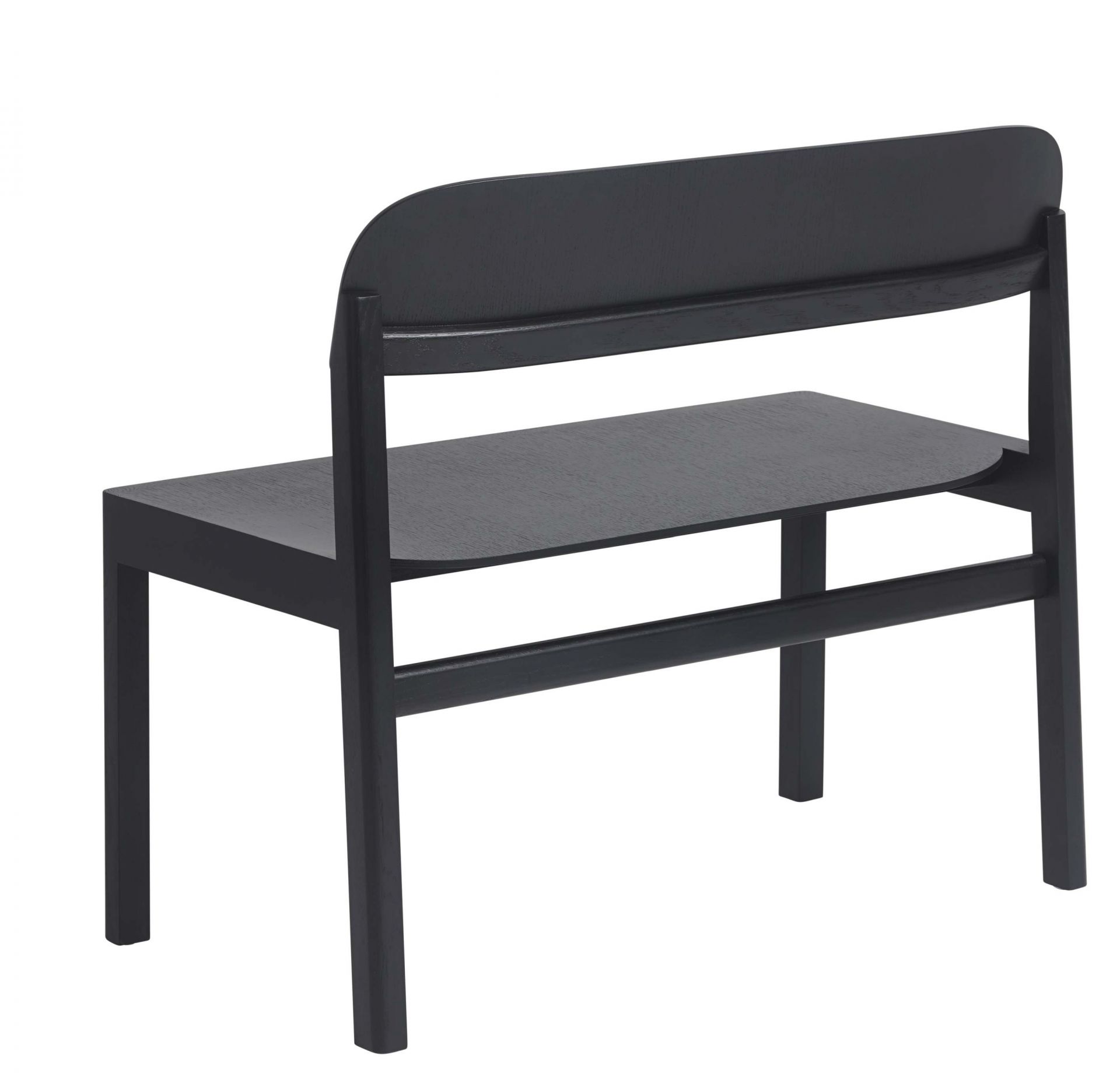 Muuto Workshop Bench Bank, schwarze Holzbank mit Rückenlehne, modernes Design für Wartebereiche und Büros.