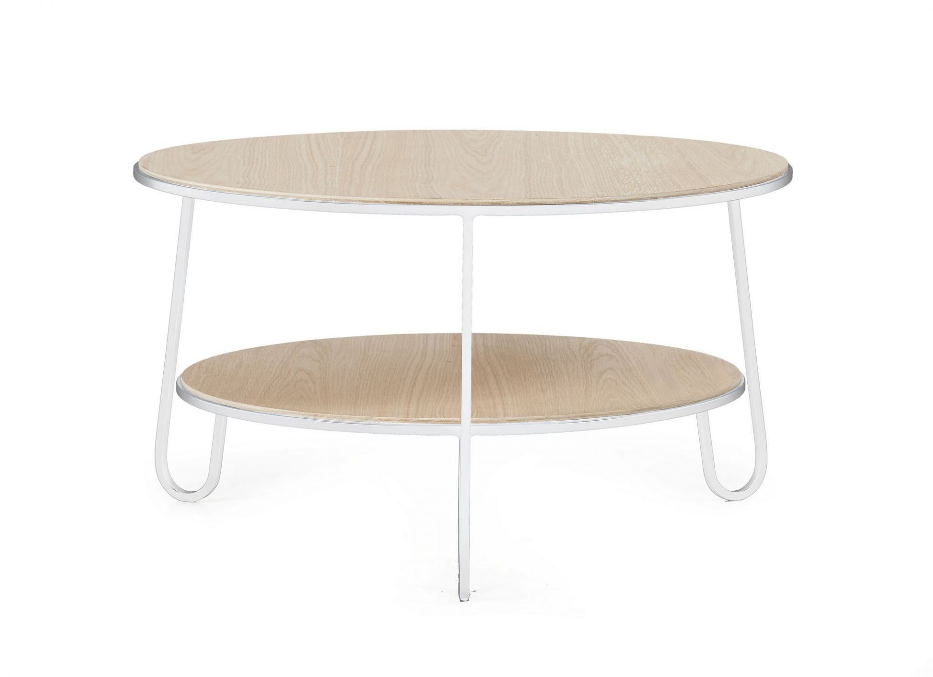 Moderner, runder Couchtisch von Hartô mit zwei Ablageflächen und weißem Metallgestell.