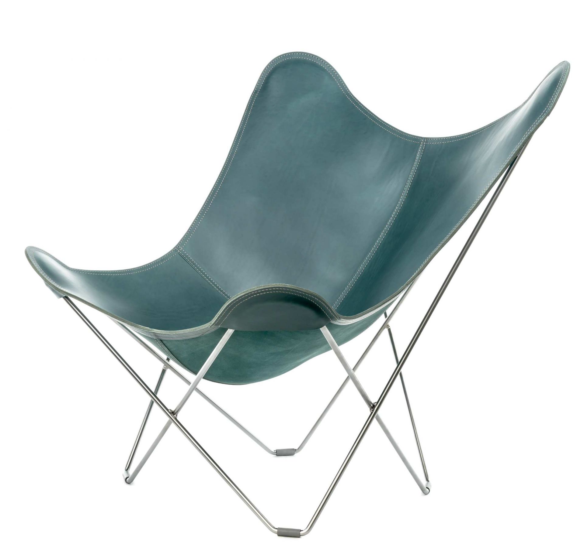 Blauer Butterfly Chair Ledersessel mit Chromgestell, moderner Designklassiker für Wohnzimmer und Lounge.