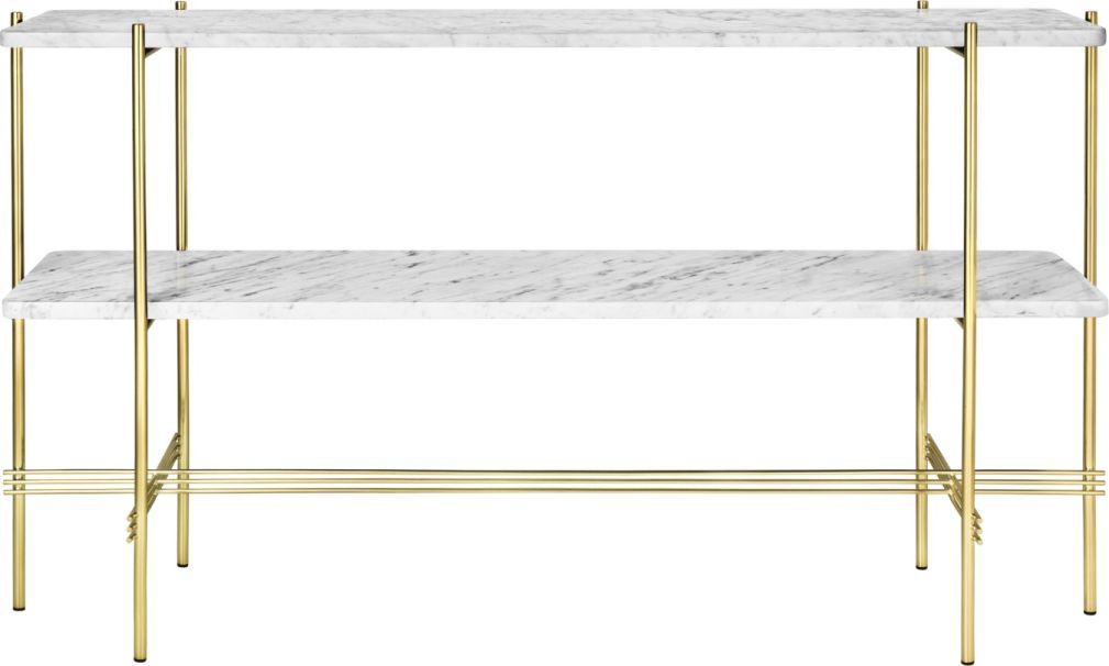 TS Konsole von Gubi mit zwei Marmorplatten und filigranem Messinggestell für modernes Wohnambiente.