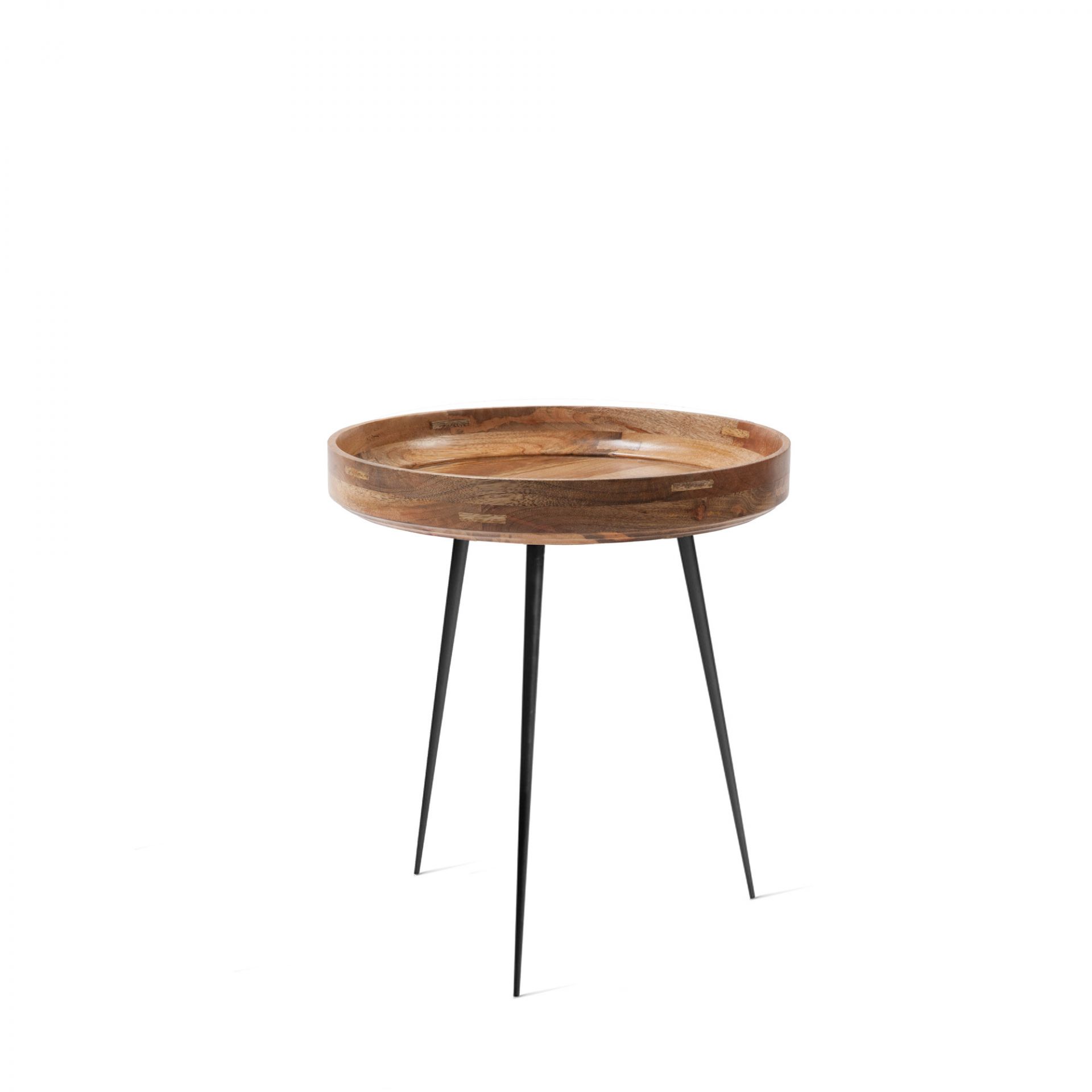 Bowl Table aus Holz mit schwarzen Metallbeinen, moderner Beistelltisch für Wohnzimmer.