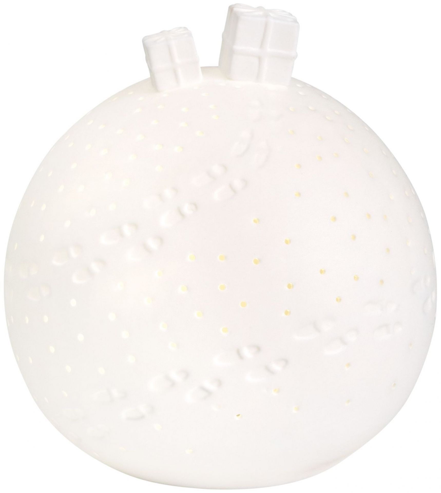 Weiße Porzellan Lichtkugel mit Geschenken als Dekoration und LED-Beleuchtung.