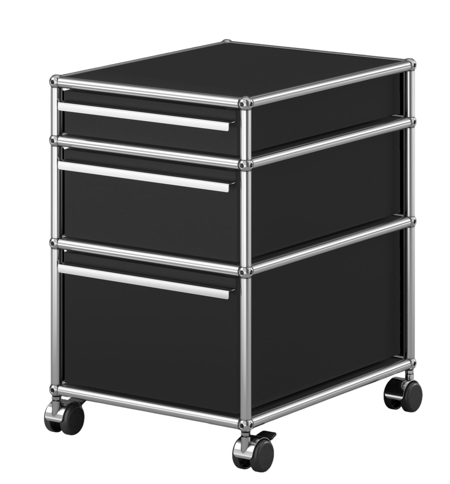 Schwarzer USM Haller Rollcontainer mit drei Schubladen und verchromtem Gestell auf Rollen, modernes Büromöbel.