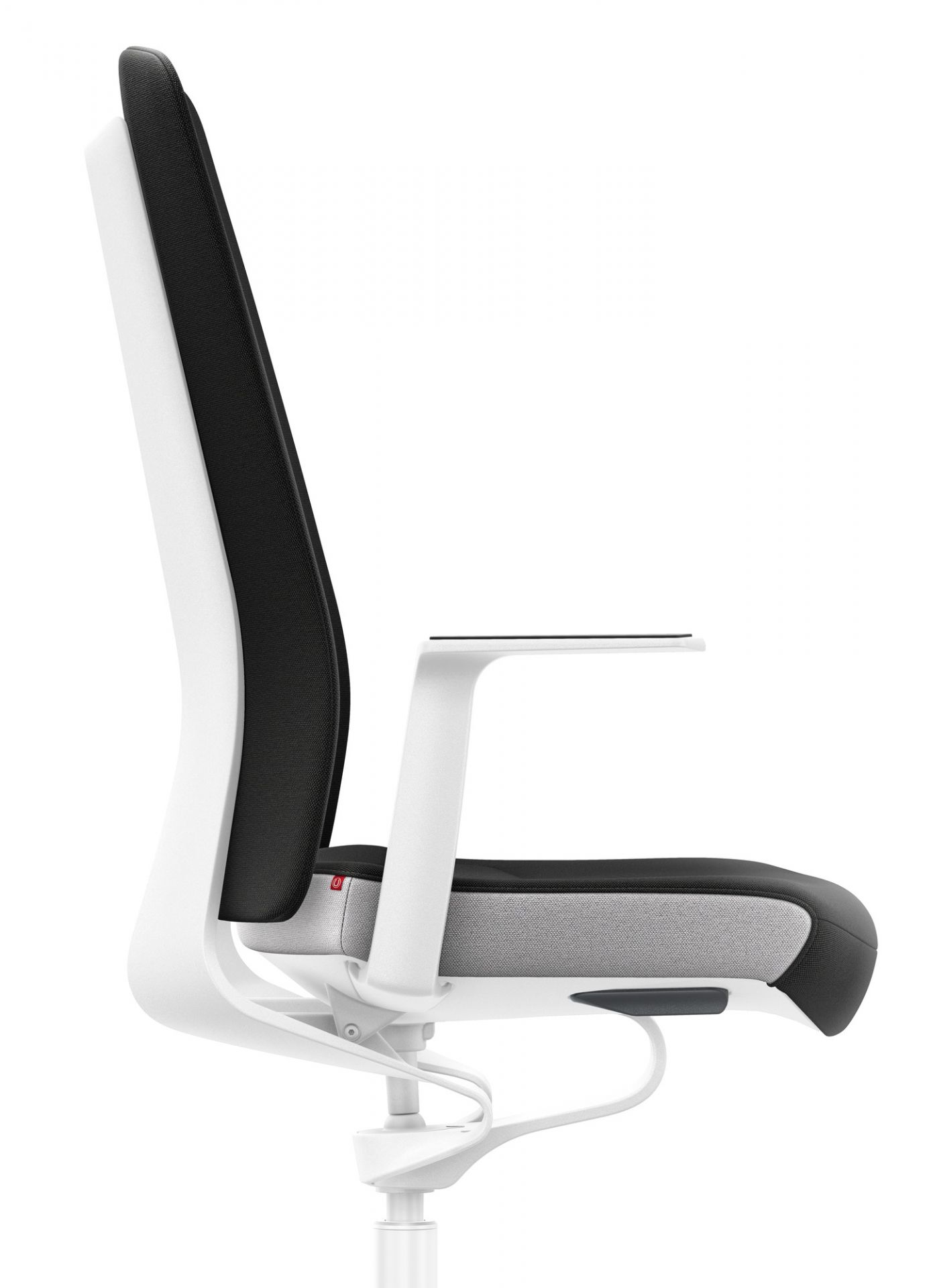 Seitenansicht: Schwarzer Interstuhl Bürodrehstuhl Pure Edition mit weißem Rahmen, ergonomisch und modern.