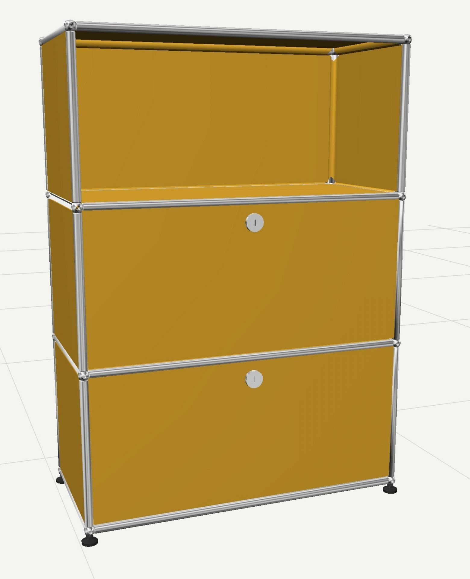 USM Haller Highboard in Goldgelb mit zwei Klappen und einem offenen Fach.