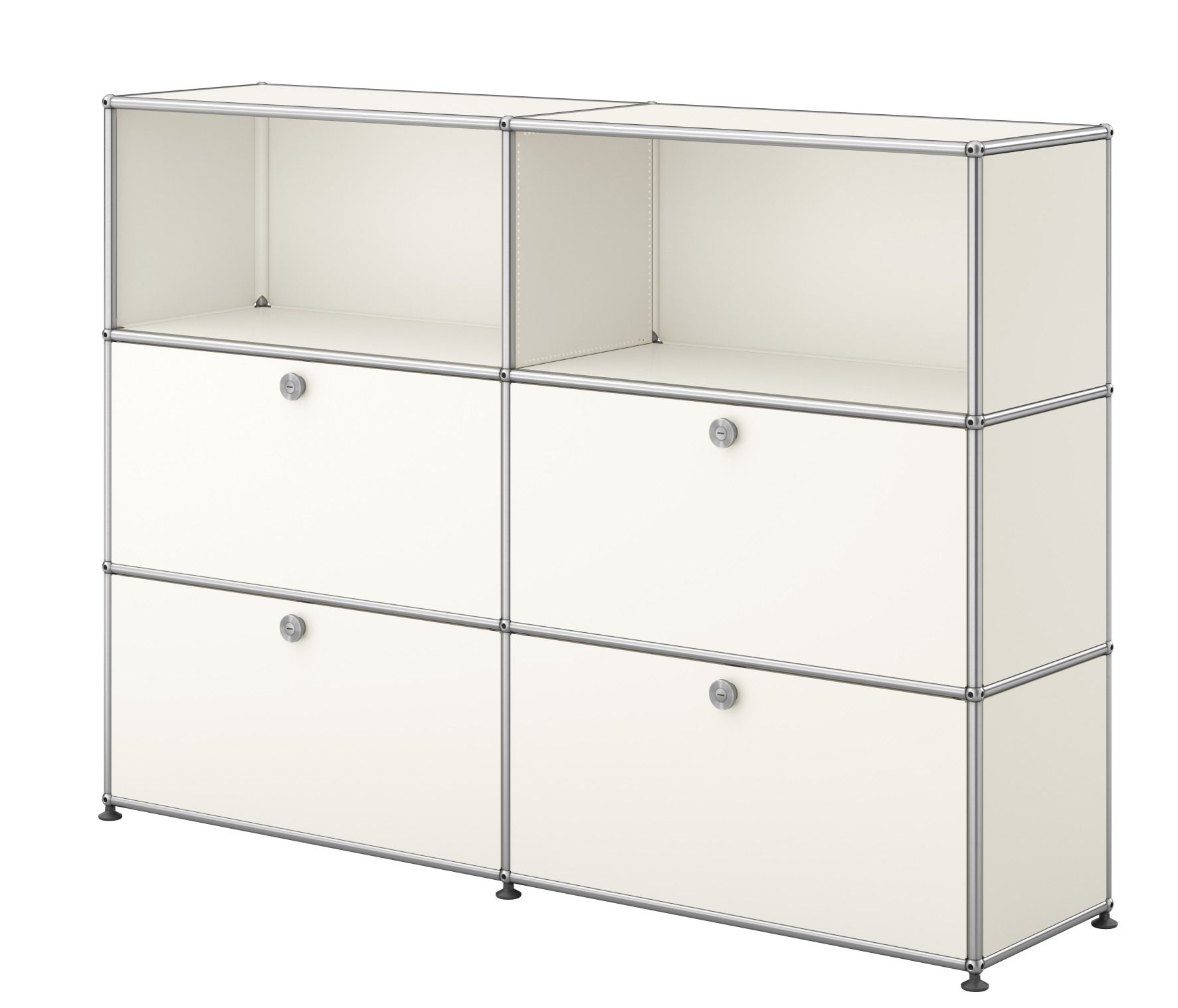 USM Haller Sideboard mit 4 Klappen in Reinweiß, modernes Designmöbel für Wohnzimmer und Büro.