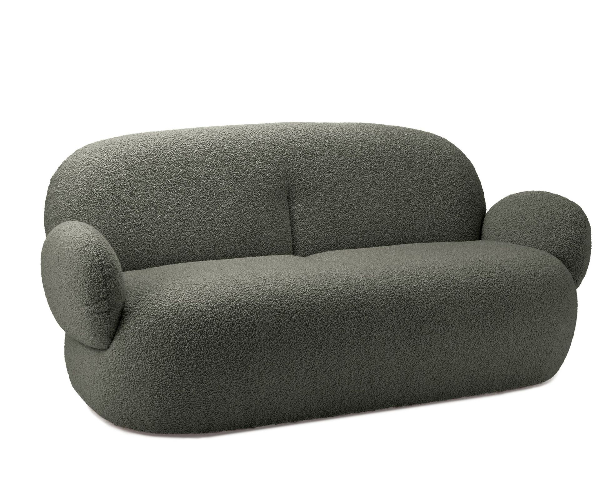 Graues Nana Sofa von Freifrau Manufaktur mit Bouclé-Bezug, modernes Design für Wohnzimmer und Lounge.