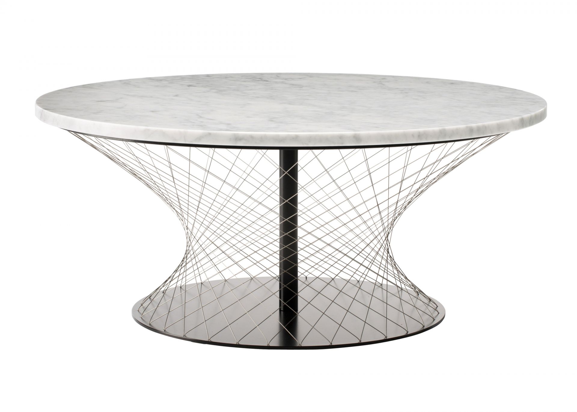 Weißer Couchtisch Favius mit runder Marmorplatte und filigranem Drahtgestell für modernes Wohnzimmer.