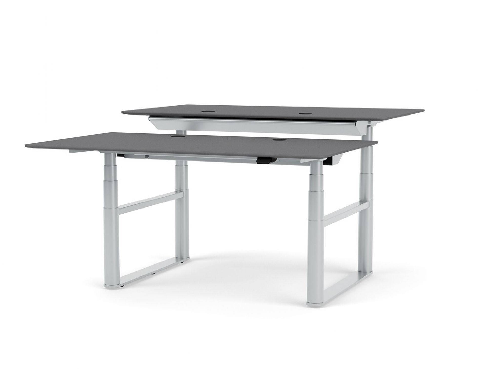 Grauer HiLow Double Arbeitstisch von Montana, höhenverstellbar, mit zwei Ebenen und Kabelführung.