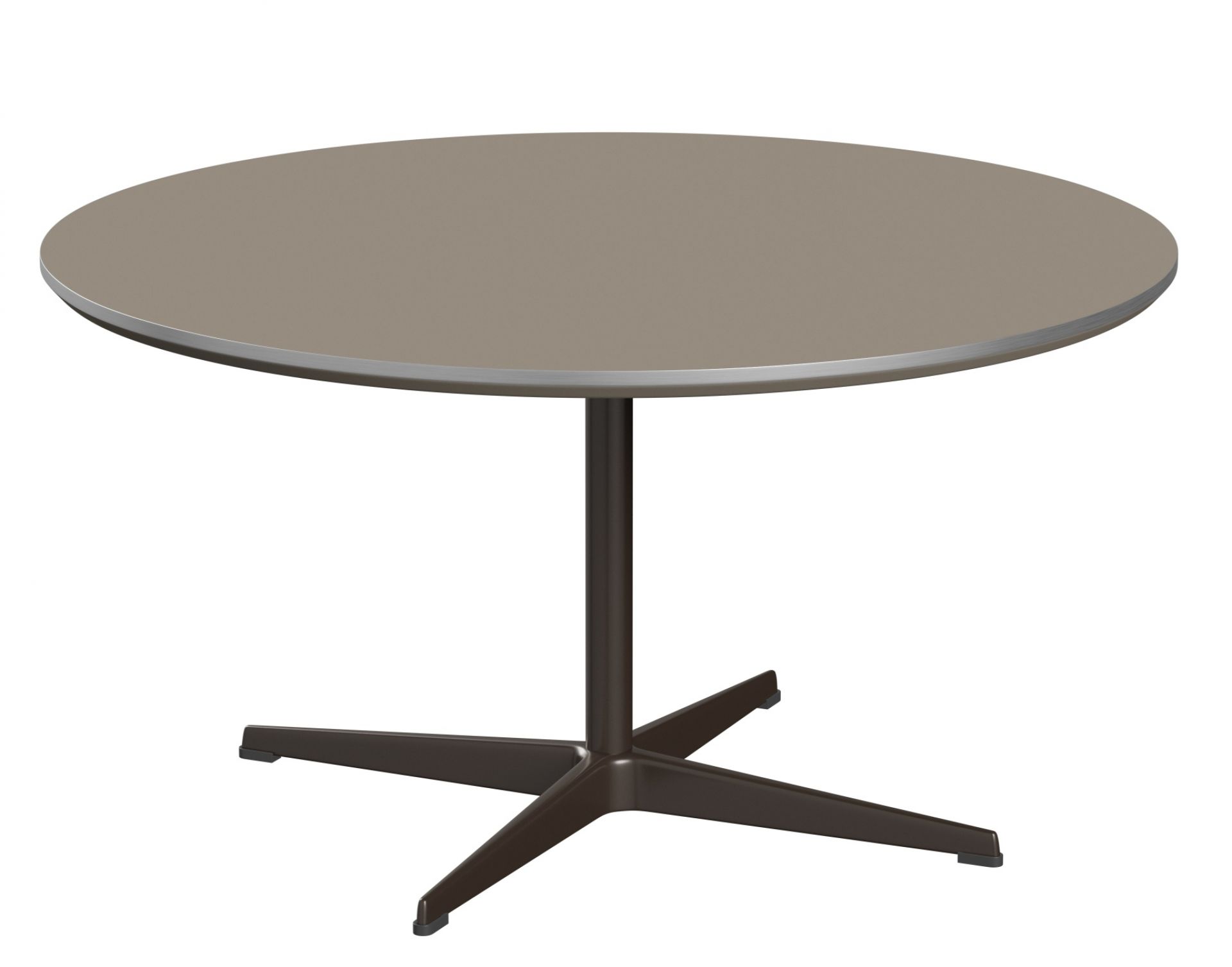 Runder Fritz Hansen Couchtisch in Taupe mit zentralem Fußkreuz für Wohnzimmer und Lounge.