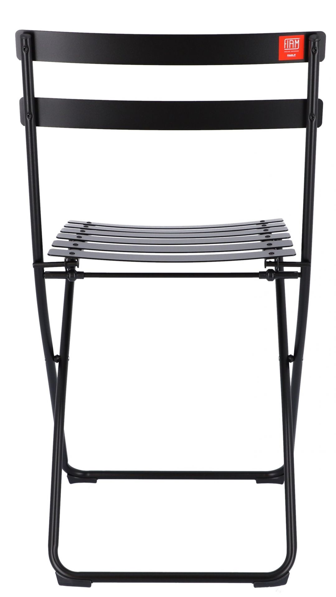 Schwarzer Fiam Klappstuhl für den Outdoor-Bereich von Jan Kurtz, Ansicht von vorne. Gartenstuhl aus Metall.
