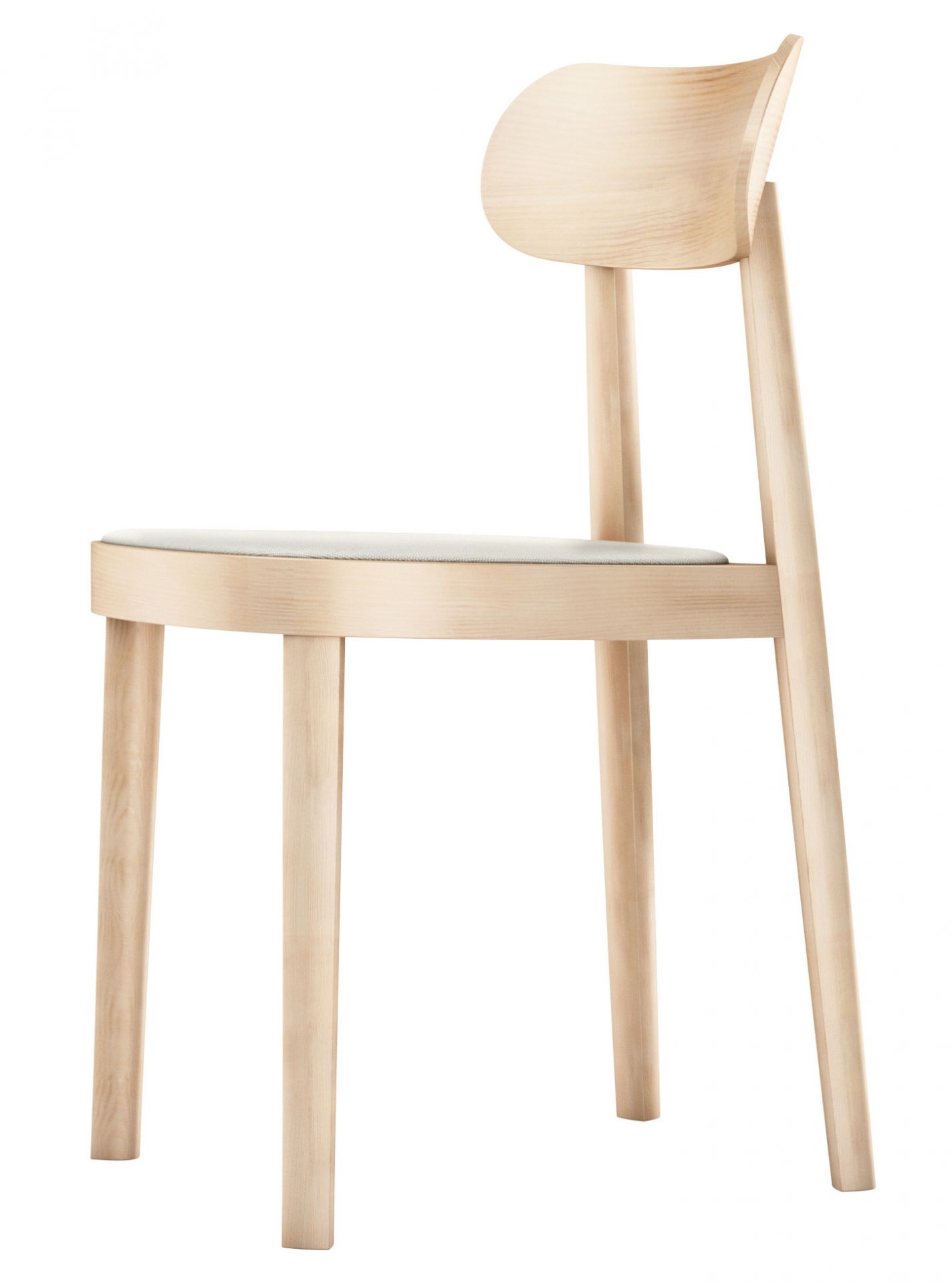 Heller Holzstuhl, Modell 118 SP von Thonet, mit gepolsterter Sitzfläche, freigestellt auf weißem Hintergrund.