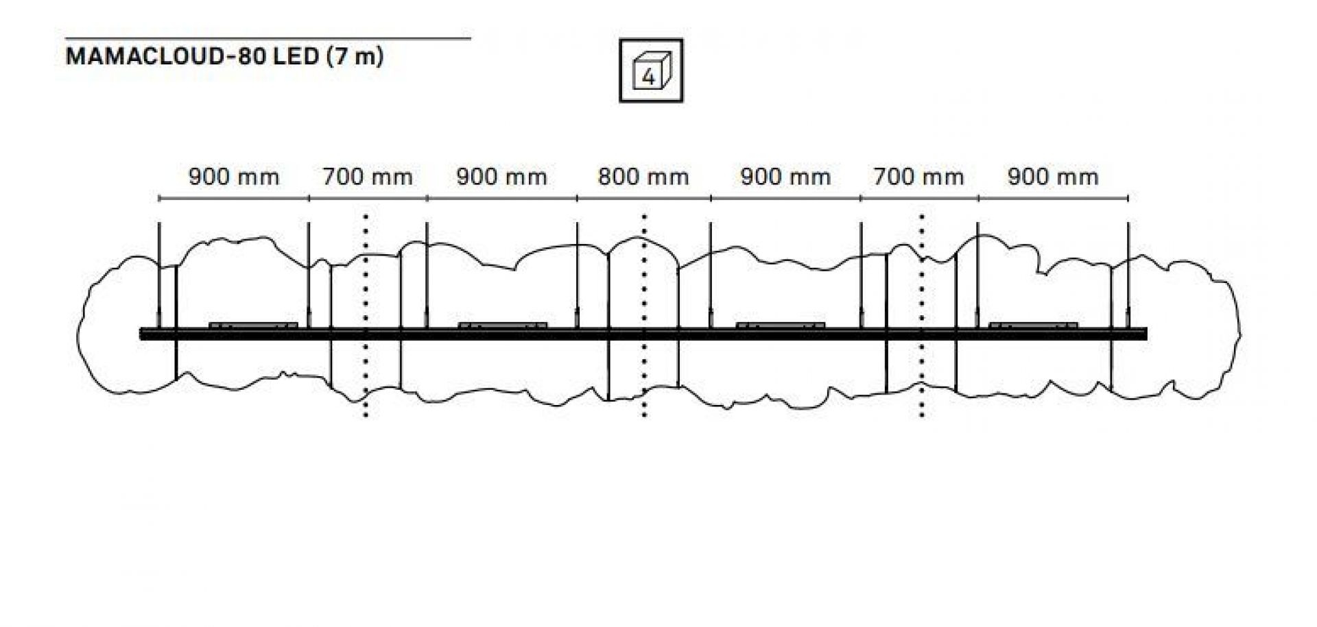 Technische Zeichnung der Mamacloud LED Pendelleuchte Belux (7m) mit Maßangaben für E-Commerce.