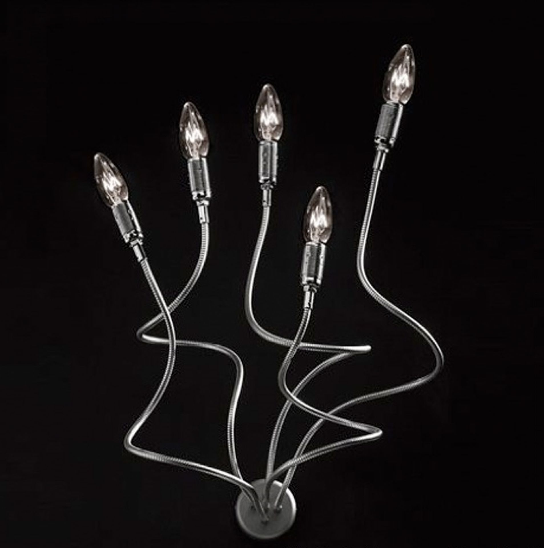 Turciù Wandleuchte von Catellani & Smith mit fünf Leuchtarmen und Halogenlampen vor schwarzem Hintergrund.